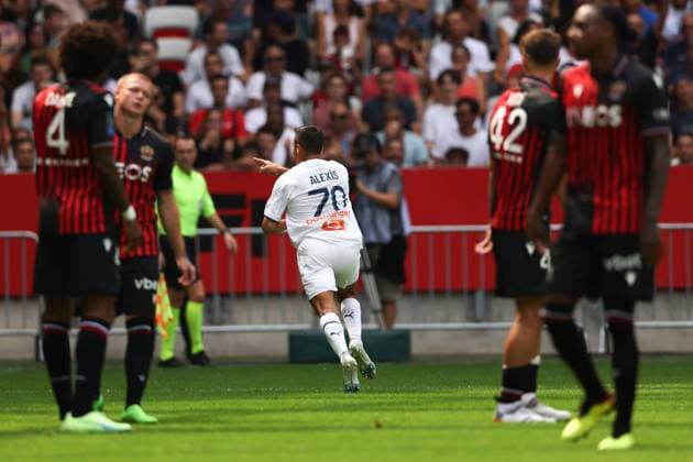 Nice, France, 28th August 2022. Alexis Sanchez of Olympique De Marseille celebrates after scoring to give the side a 1-0 lead during the Uber Eats Ligue 1 match at Allianz Riviera Stadium, Nice. Picture credit should read: Jonathan Moscrop Sportimage EDITORIAL USE ONLY. No use with unauthorised audio, video, data, fixture lists, club league logos or live services. Online in-match use limited to 120 images, no video emulation. No use in betting, games or single club league player publications. SPI-1813-0001