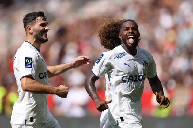 Nice, France, 28th August 2022. Nuno Tavares of Olympique De Marseille celebrates with team mates after scoring to give the side a 2-0 lead during the Uber Eats Ligue 1 match at Allianz Riviera Stadium, Nice. Picture credit should read: Jonathan Moscrop Sportimage EDITORIAL USE ONLY. No use with unauthorised audio, video, data, fixture lists, club league logos or live services. Online in-match use limited to 120 images, no video emulation. No use in betting, games or single club league player publications. SPI-1813-0006