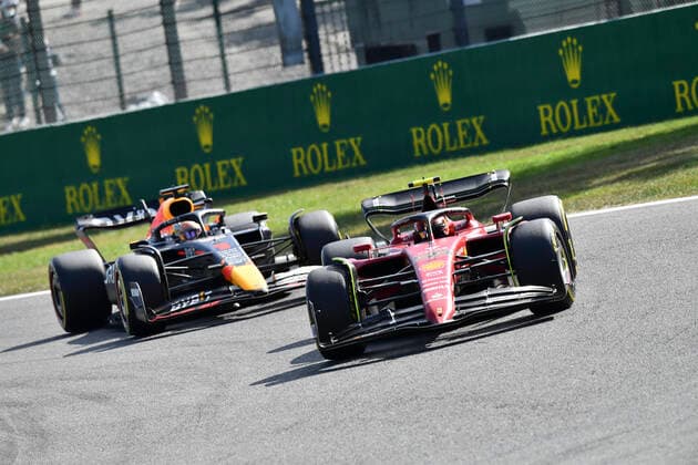 Scuderia Ferrari Spanish rider Carlos Sainz Jr. and Oracle Red Bull Racing Dutch rider Max Verstappen pictured during the F1 Grand Prix of Belgium auto race, in Spa-Francorchamps, Sunday 28 August 2022. The Spa-Francorchamps Formula One Grand Prix takes place this weekend, from August 26th to August 28th. VIRGINIExLEFOUR  x41389177x
