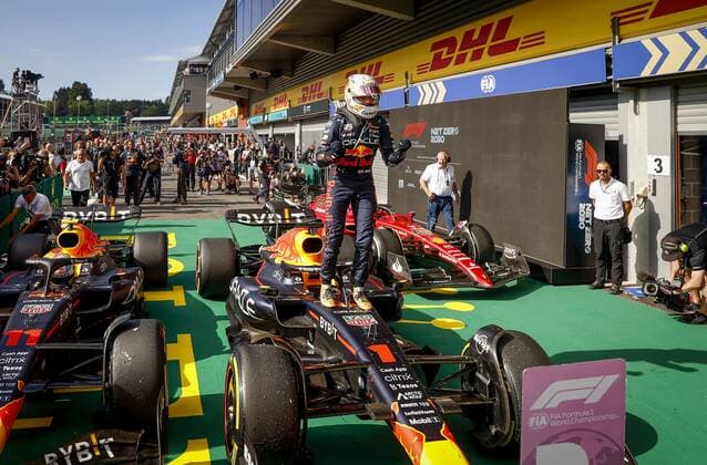 SPA - Max Verstappen celebrates his victory after the F1 Grand Prix of Belgium at the Circuit of Spa-Francorchamps on August 29, 2022 in SPA, Belgium. REMKO DE WAAL F1 Grand Prix of Belgium 2022 xVIxANPxSportx xxANPxIVx
