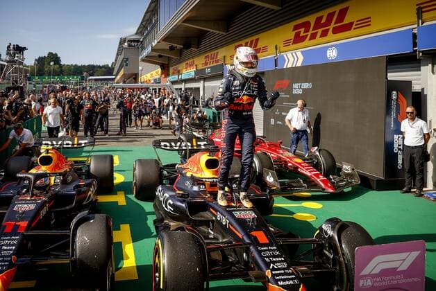 SPA - Max Verstappen celebrates his victory after the F1 Grand Prix of Belgium at the Circuit of Spa-Francorchamps on August 29, 2022 in SPA, Belgium. REMKO DE WAAL F1 Grand Prix of Belgium 2022 xVIxANPxSportx xxANPxIVx
