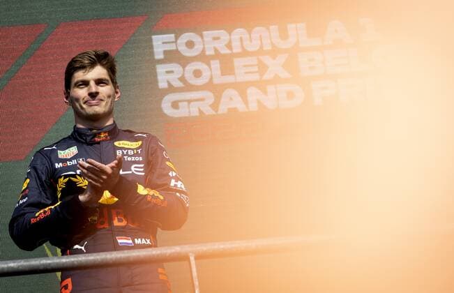 SPA - Max Verstappen celebrates his victory after the F1 Grand Prix of Belgium at the Circuit of Spa-Francorchamps on August 29, 2022 in SPA, Belgium. REMKO DE WAAL F1 Grand Prix of Belgium 2022 xVIxANPxSportx xxANPxIVx