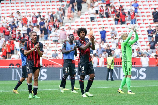 Dante (OGC Nice) - Kasper Schmeichel (OGC Nice) - Billal Brahimi (OGC Nice) FOOTBALL : OGC Nice vs Olympique de Marseille - Ligue 1 Uber Eats - Nice - 28 08 2022 NorbertScanella Panoramic 