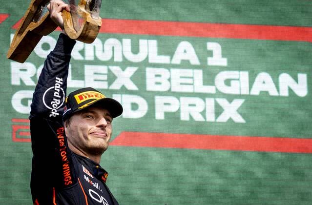 SPA - Max Verstappen celebrates his victory after the F1 Grand Prix of Belgium at the Circuit of Spa-Francorchamps on August 29, 2022 in SPA, Belgium. REMKO DE WAAL F1 Grand Prix of Belgium 2022 xVIxANPxSportx xxANPxIVx