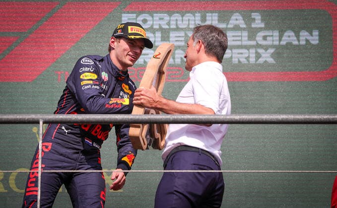 Oracle Red Bull Racing Dutch rider Max Verstappen and Prime Minister Alexander De Croo celebrate on the podium after the F1 Grand Prix of Belgium auto race, in Spa-Francorchamps, Sunday 28 August 2022. The Spa-Francorchamps Formula One Grand Prix takes place this weekend, from August 26th to August 28th. VIRGINIExLEFOUR  x41397220x