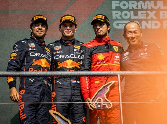 SPA - (VLNR) Sergio Perez (Oracle Red Bull Racing), Max Verstappen (Oracle Red Bull Racing) and Carlos Sainz (Ferrari) on the podium after the F1 Grand Prix of Belgium at the Spa-Francorchamps circuit on 29 August 2022 in Spa, Belgium. REMKO DE WAAL F1 Grand Prix of Belgium 2022 xVIxANPxSportx xxANPxIVx