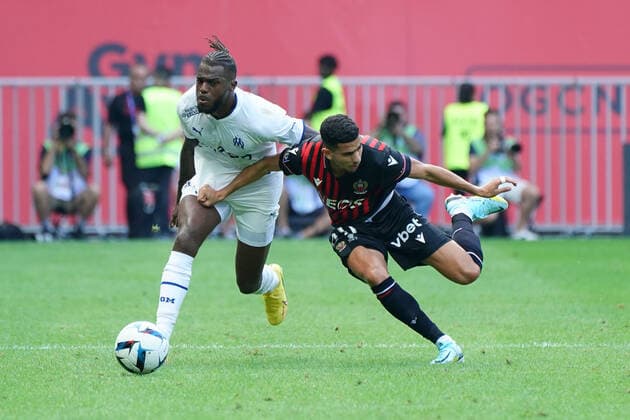 Nuno Tavares (Olympique de Marseille) - Youcef Atal (OGC Nice) FOOTBALL : OGC Nice vs Olympique de Marseille - Ligue 1 Uber Eats - Nice - 28 08 2022 NorbertScanella Panoramic 