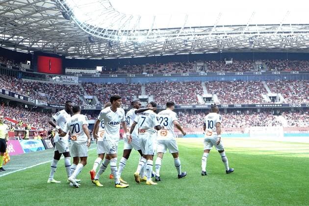 joie - Alexis Sanchez (Olympique de Marseille) - Nuno Tavares (Olympique de Marseille) - Jonathan Clauss (Olympique de Marseille) - Sead Kolasinac (Olympique de Marseille) FOOTBALL : OGC Nice vs Olympique de Marseille - Ligue 1 Uber Eats - Nice - 28 08 2022 NorbertScanella Panoramic 