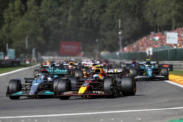63 George Russell (GBR, Mercedes-AMG Petronas F1 Team), 11 Sergio Perez (MEX, Oracle Red Bull Racing), F1 Grand Prix of Belgium at Circuit de Spa-Francorchamps on August 28, 2022 in Spa-Francorchamps, Belgium. (Photo by HOCH ZWEI) Spa-Francorchamps Belgium