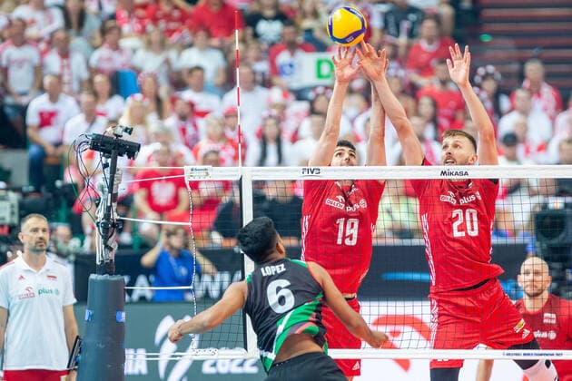 KATOWICE 28.08.2022 SIATKOWKA MISTRZOSTWA SWIATA 2022 POLSKA - MEKSYK FIVB VOLLEYBALL MEN S World Championship, WM, Weltmeisterschaft POLAND 2022 POLAND - MEXICO Josue De Jesus Lopez Rios MARCIN JANUSZ MATEUSZ BIENIEK FOT. MICHAL CHWIEDUK FOKUSMEDIA.COM.PL NEWSPIX.PL --- Newspix.pl POLAND OUT!  220828CHW201