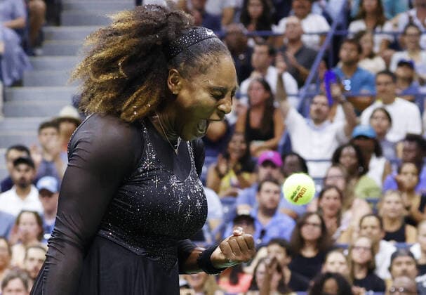 Serena Willams reacts after winning a point in the first set before defeating Danka Kovinic of Montenegro in straight sets in Arthur Ashe Stadium in the first round at the 2022 US Open Tennis Championships at the USTA Billie Jean King National Tennis Center on Monday, August 29, 2022 in New York City. Serena announced earlier this month she will be stepping away from tennis to focus on growing her family and other pursuits.  NYP20220829715 JOHNxANGELILLO