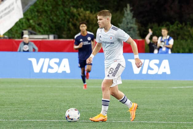 FOXBOROUGH, MA - AUGUST 31: Chicago Fire FC right winger Chris Mueller (8) during a match between the New England Revolution and the Chicago Fire FC on August 31, 2022, at Gillette Stadium in Foxborough, Massachusetts. (Photo by Fred Kfoury III Icon Sportswire) SOCCER: AUG 31 MLS, Fussball Herren, USA - Chicago Fire at New England Revolution Icon482220831016