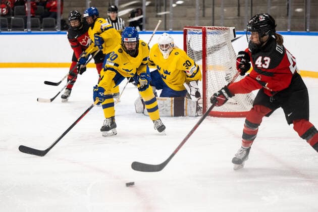 220901 Paula Bergström of Sweden and Kristin O neill of Canada during the 2022 IIHF Women s World Championship, WM, Weltmeisterschaft quarterfinal game between Canada and Sweden on September 1, 2022 in Herning. Photo: Johanna Lundberg BILDBYRAN kod JL JL0299 bbeng ishockey Ice hockey, Eishockey vm dam 2022 iihf womens world championship dam vm ishockey vm sverige sweden canada kanada quarterfinal kvartsfinal Copyright: JOHANNAxLUNDBERG BB220901JL074