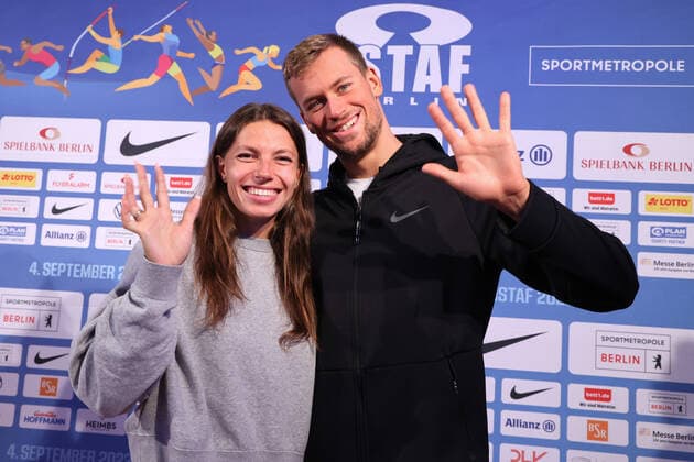 DEU, ISTAF-2022, PK, 02.09.2022, Messe Berlin, Berlin, DEU, ISTAF-2022, PK, im Bild JULIAN WEBER (GER), Speerwurf-Europameister, lebt in Berlin MARYNA BECH-ROMANTSCHUK (UKR) und Lebenspartner Mykhailo Romanschuk Foto: Juergen Engler nordphoto GmbH *** DEU, ISTAF 2022, PK, 02 09 2022, Messe Berlin, Berlin, DEU, ISTAF 2022, PK, in picture JULIAN WEBER GER , European javelin champion, lives in Berlin MARYNA BECH ROMANTSCHUK UKR and life partner Mykhailo Romanschuk Foto Juergen Engler nordphoto GmbH JuergenxEngler nph00076