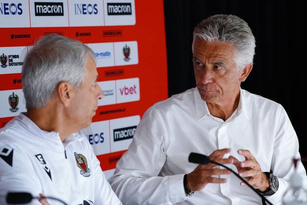 Jean Pierre Rivere (president de l OGC Nice) - Lucien Favre (entraineur de l OGC Nice) FOOTBALL : PrÃ sentation des nouvelles recrues de l™OGC Nice - Nice - 02 08 2022 NorbertScanella Panoramic 