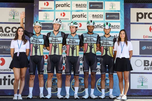 Efrem Araya, Kevin Bonaldo, Mattia Guasco, Jacopo Menegotto, Raffaele Mosca TEAM QHUBEKA during Giro del Fiuli Venezia Giulia U23 - tappa 2 - Fagagna-Colloredo di Monte Albano, Street Cycling in Colloredo di Monte Albano, Italy, September 02 2022  Copyright: xLucaxTedeschix xipa-agency.netx xLivexMediax 0