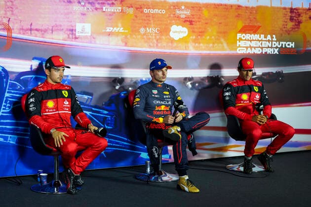 16 Charles Leclerc (MCO, Scuderia Ferrari), 1 Max Verstappen (NLD, Oracle Red Bull Racing), 55 Carlos Sainz (ESP, Scuderia Ferrari), F1 Grand Prix of the Netherlands at Circuit Zandvoort on September 3, 2022 in Zandvoort, Netherlands. (Photo by HOCH ZWEI) Zandvoort Netherlands