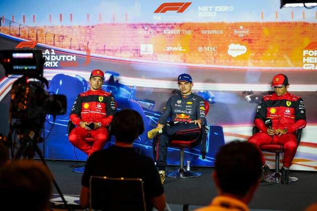 16 Charles Leclerc (MCO, Scuderia Ferrari), 1 Max Verstappen (NLD, Oracle Red Bull Racing), 55 Carlos Sainz (ESP, Scuderia Ferrari), F1 Grand Prix of the Netherlands at Circuit Zandvoort on September 3, 2022 in Zandvoort, Netherlands. (Photo by HOCH ZWEI) Zandvoort Netherlands