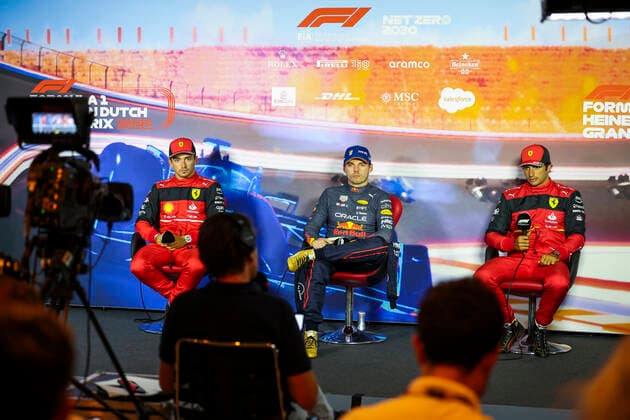16 Charles Leclerc (MCO, Scuderia Ferrari), 1 Max Verstappen (NLD, Oracle Red Bull Racing), 55 Carlos Sainz (ESP, Scuderia Ferrari), F1 Grand Prix of the Netherlands at Circuit Zandvoort on September 3, 2022 in Zandvoort, Netherlands. (Photo by HOCH ZWEI) Zandvoort Netherlands