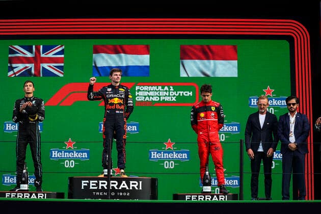 63 George Russell (GBR, Mercedes-AMG Petronas F1 Team), 1 Max Verstappen (NLD, Oracle Red Bull Racing), 16 Charles Leclerc (MCO, Scuderia Ferrari), F1 Grand Prix of the Netherlands at Circuit Zandvoort on September 4, 2022 in Zandvoort, Netherlands. (Photo by HOCH ZWEI) Zandvoort Netherlands