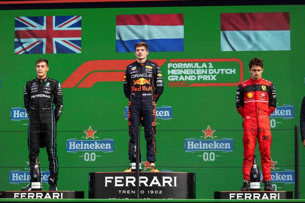 VERSTAPPEN Max (ned), Red Bull Racing RB18, portrait RUSSELL George (gbr), Mercedes AMG F1 Team W13, portrait LECLERC Charles (mco), Scuderia Ferrari F1-75, portrait at the podium during the Formula 1 Heineken Dutch Grand Prix 2022, 15th round of the 2022 FIA Formula One World Championship, WM, Weltmeisterschaft from September 2 to 4, 2022 on the Zandvoort Circuit, in Netherlands, Belgium - F1 - DUTCH GRAND PRIX 2022 DPPI Panoramic  00122036_GH_21830