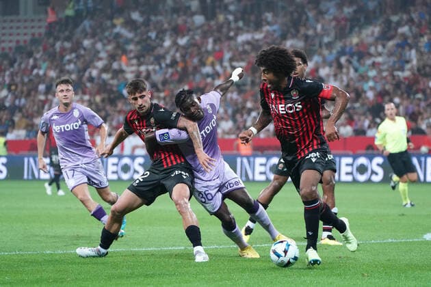 Dante (OGC Nice) - Breel Embolo (AS Monaco) - Mattia Viti (OGC Nice) FOOTBALL : OGC Nice vs AS Monaco - Ligue 1 Uber Eats - Nice - 04 09 2022 NorbertScanella Panoramic 