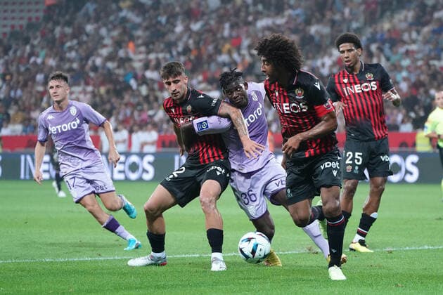 Dante (OGC Nice) - Breel Embolo (AS Monaco) - Mattia Viti (OGC Nice) FOOTBALL : OGC Nice vs AS Monaco - Ligue 1 Uber Eats - Nice - 04 09 2022 NorbertScanella Panoramic 