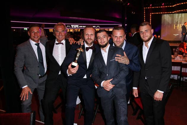 Boxen: Herqul 2022 - German Boxing Award, Berlin, 04.09.2022 v.l.: Ist Szili, XX, Benny Blanko, Hamsat Shadalov, Kontra K und Paul Wall Berlin Germany