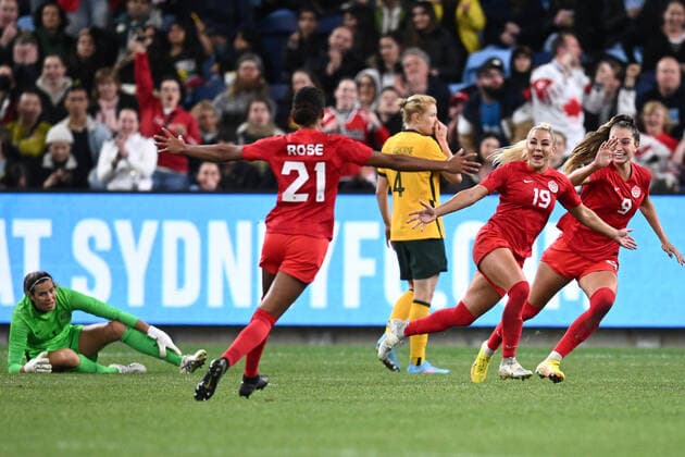 Sport Bilder des Tages SOCCER AUSTRALIA CANADA WOMEN, Adriana Leon of Canada (second right) celebrates with teammates after scoring a goal during the Women s International Friendly, Länderspiel, Nationalmannschaft soccer match between Australia and Canada at Allianz Stadium in Sydney, Tuesday, September 6, 2022. ( NO ARCHIVING, EDITORIAL USE ONLY, NO USE IN BOOKS WITHOUT CONSENT SYDNEY NEW SOUTH WALES AUSTRALIA  Copyright: xDANxHIMBRECHTSx 20220906001699141636