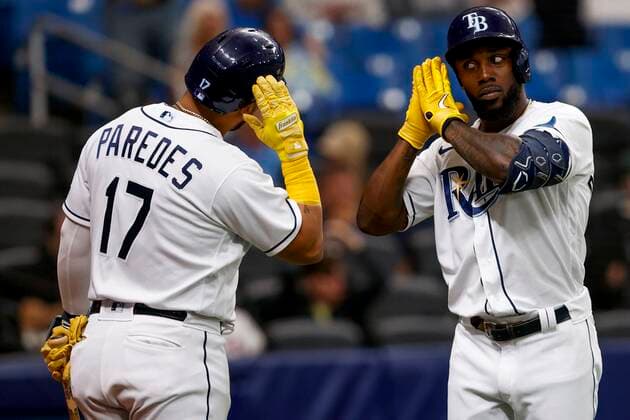 Sport Themen der Woche KW36 Sport Bilder des Tages September 6, 2022, St. Petersburg, Florida, USA: Tampa Bay Rays second baseman Isaac Paredes (17) and left fielder Randy Arozarena (56) celebrate after ArozarenaÃ¢â‚¬â ¢s three run home run in the first inning against the Boston Red Sox at Tropicana Field in St. Petersburg on Tuesday, September 6, 2022. St. Petersburg USA - ZUMAs70_ 0168193199st Copyright: xIvyxCeballox