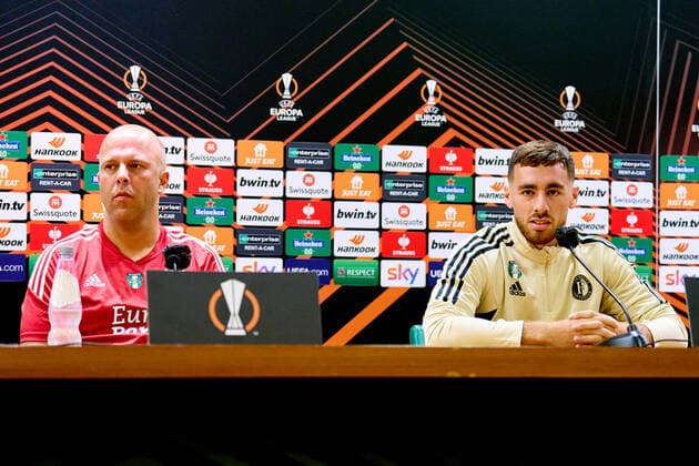 UEFA Europa League press conference, PK, Pressekonferenz and training of Feyenoord Rome - Feyenoord coach Arne Slot, Orkun Kokcu of Feyenoord during the press conference and training of Feyenoord at Stadio Olimpico on 7 September 2022 in Rome, Italy. Copyright: xTomxBodex