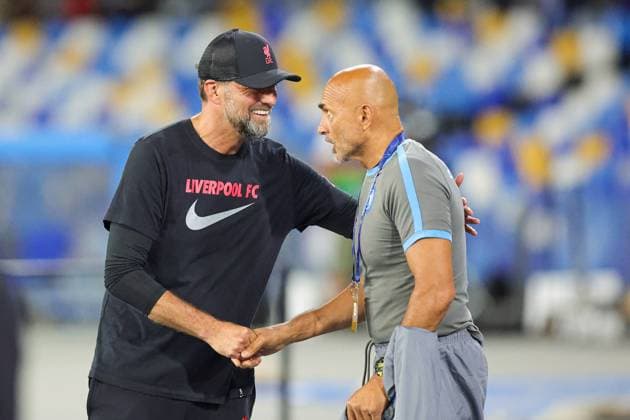 Napoli v Liverpool Champions League 07 09 2022. Jurgen Klopp Manager of Liverpool greets Luciano Spalletti Manager of Napoli during the Champions League match between Napoli and Liverpool at Diego Armando Maradona Stadium, Napoli, Italy on 7 September 2022. Editorial use only , Copyright: xNigelxKeenex PSI-15887-0018
