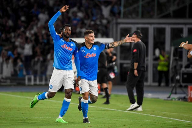 Andre Zambo Anguissa of SSC Napoli celebrates with Giovanni Di Lorenzo after scoring the goal of 2-0 during the Champions League Group A football match between SSC Napoli and Liverpool FC at Diego Armando Maradona stadium in Napoli (Italy), September 7th, 2022. Photo Andrea Staccioli Insidefoto andreaxstaccioli