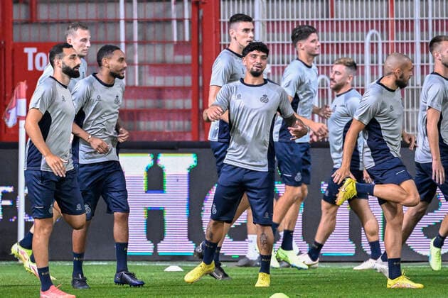 Union s Jose Rodriguez, Union s Loic Lapoussin, Union s Cameron Puertas Castro and Union s Teddy Teuma pictured in action during a training session of Belgian soccer team Royale Union Saint-Gilloise, Wednesday 07 September 2022 in Berlin, Germany, in preparation of Tomorrow s game against German Union Berlin on the opening day of the Uefa Europa League group stage. LAURIExDIEFFEMBACQ  x43104093x