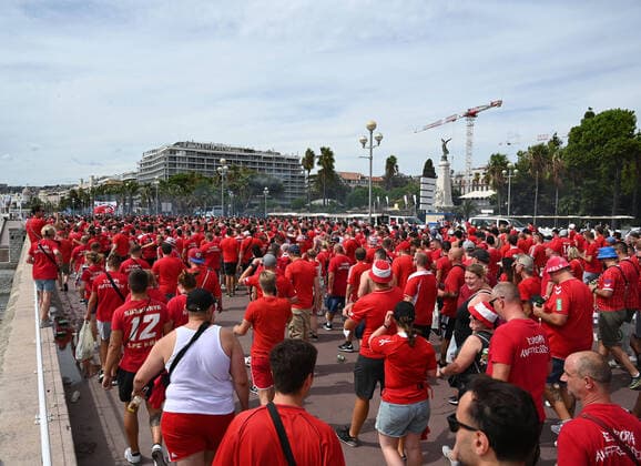 08.09.2022, Nice, France, Allianz Riviera, OGC Nice vs 1. FC Koeln - UEFA Europa Conference League 2022-2023 - Group D, . Fanmarsch Fans 1. FC Koeln (Foto Ralf Treese) Nice Allianz Riviera France
