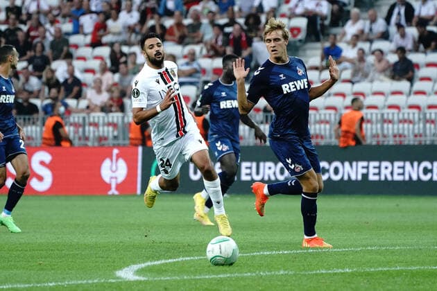 Luca Kilian (FC Cologne) - GaÃ«tan Laborde (OGC Nice) FOOTBALL : OGC Nice vs FC Cologne - Ligue Europa ConfÃ rence - Nice - 08 09 2022 NorbertScanella Panoramic 