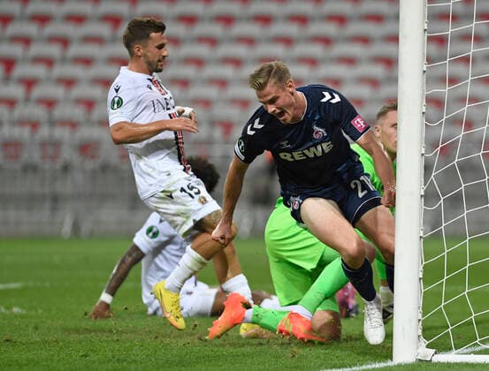 08.09.2022, Nice, France, Allianz Riviera, OGC Nice vs 1. FC Koeln - UEFA Europa Conference League 2022-2023 - Group D, Steffen Tigges (1. FC Koeln) Torjubel, jubelt nach seinem Treffer zum 0:1 (Foto Ralf Treese) Nice Allianz Riviera France