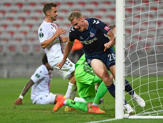 08.09.2022, Nice, France, Allianz Riviera, OGC Nice vs 1. FC Koeln - UEFA Europa Conference League 2022-2023 - Group D, Steffen Tigges (1. FC Koeln) Torjubel, jubelt nach seinem Treffer zum 0:1 (Foto Ralf Treese) Nice Allianz Riviera France