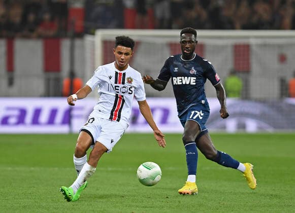 08.09.2022, Nice, France, Allianz Riviera, OGC Nice vs 1. FC Koeln - UEFA Europa Conference League 2022-2023 - Group D, Sofiane Diop (OGC Nice) und Kingsley Schindler (1. FC Koeln) im Zweikampf (Foto Ralf Treese) Nice Allianz Riviera France