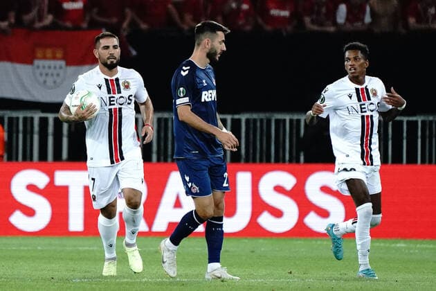 Joie - Andy Delort (OGC Nice) - Hicham Boudaoui (OGC Nice) FOOTBALL : OGC Nice vs FC Cologne - Ligue Europa ConfÃ rence - Nice - 08 09 2022 NorbertScanella Panoramic 