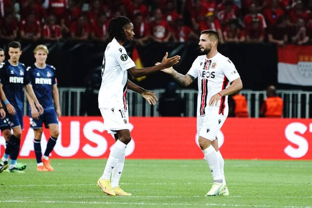 Joie - Andy Delort (OGC Nice) - Khephren Thuram (OGC Nice) FOOTBALL : OGC Nice vs FC Cologne - Ligue Europa ConfÃ rence - Nice - 08 09 2022 NorbertScanella Panoramic 