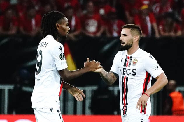 Joie - Andy Delort (OGC Nice) - Khephren Thuram (OGC Nice) FOOTBALL : OGC Nice vs FC Cologne - Ligue Europa ConfÃ rence - Nice - 08 09 2022 NorbertScanella Panoramic 