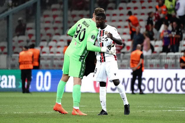 Marcin Bulka (OGC Nice) - Nicolas Pepe (OGC Nice) FOOTBALL : OGC Nice vs FC Cologne - Ligue Europa ConfÃ rence - Nice - 08 09 2022 NorbertScanella Panoramic 