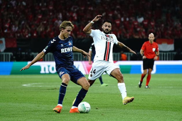 Timo Hübers (FC Cologne) - GaÃ«tan Laborde (OGC Nice) FOOTBALL : OGC Nice vs FC Cologne - Ligue Europa ConfÃ rence - Nice - 08 09 2022 NorbertScanella Panoramic 