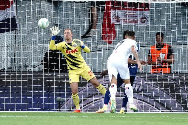 Andy Delort (OGC Nice) - Marvin Schawäbe (FC Cologne) FOOTBALL : OGC Nice vs FC Cologne - Ligue Europa ConfÃ rence - Nice - 08 09 2022 NorbertScanella Panoramic 
