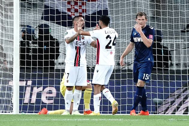 Andy Delort (OGC Nice) - GaÃ«tan Laborde (OGC Nice) FOOTBALL : OGC Nice vs FC Cologne - Ligue Europa ConfÃ rence - Nice - 08 09 2022 NorbertScanella Panoramic 