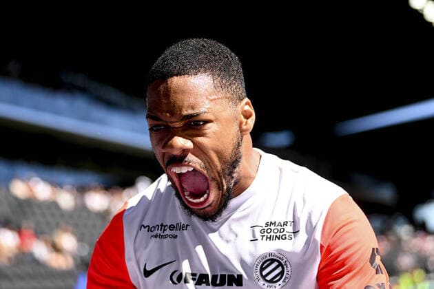Fußball, SCO Angers - Montpellier joie des joueurs de Montpellier apres le but de Arnaud Nordin (Montpellier) FOOTBALL : Angers vs Montpellier - Ligue 1 Uber eats - 11 09 2022 JBAutissier Panoramic 