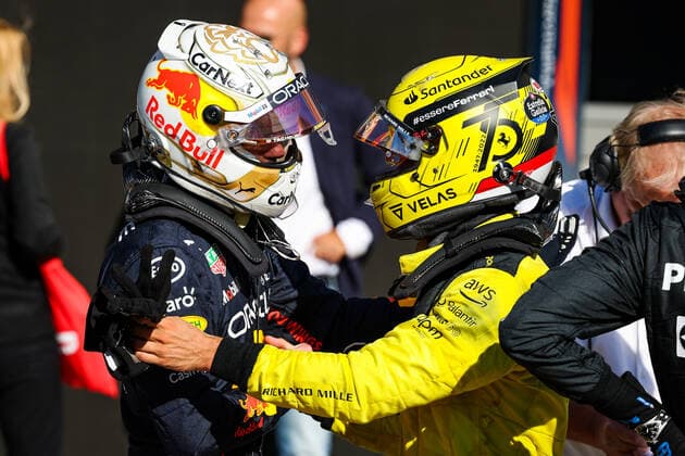 VERSTAPPEN Max (ned), Red Bull Racing RB18, LECLERC Charles (mco), Scuderia Ferrari F1-75, portrait during the 9th round of the 2022 FIA Formula 3 Championship, from September 9 to 11, 2022 on the Autodromo Nazionale di Monza, in Monza, Italy - AUTO - FORMULA 3 2022 - MONZA DPPI Panoramic  20220911_GOOD0993