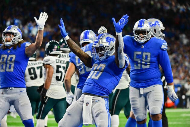 Sport Themen der Woche KW36 Sport Bilder des Tages DETROIT, MI - SEPTEMBER 11: Detroit Lions running back Jamaal Williams (30) celebrates a touchdown run during the Detroit Lions versus the Philadelphia Eagles game on Sunday September 11, 2022 at Ford Field in Detroit, MI. (Photo by Steven King Icon Sportswire) NFL, American Football Herren, USA SEP 11 Eagles at Lions Icon258202209111257