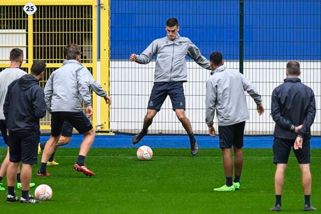 LEUVEN, BELGIUM - SEPTEMBER 14 : Sykes Ross defender of Union St-Gilloise pictured during a practice session prior of the UEFA Europa League match between Union St-Gilloise and Malmö FF at the King Power Stadium at den Dreef on September 14, 2022 in Leuven, Belgium, 14 09 2022 ( Union ST-Gilloise practice session. PhotoNews Panoramic 